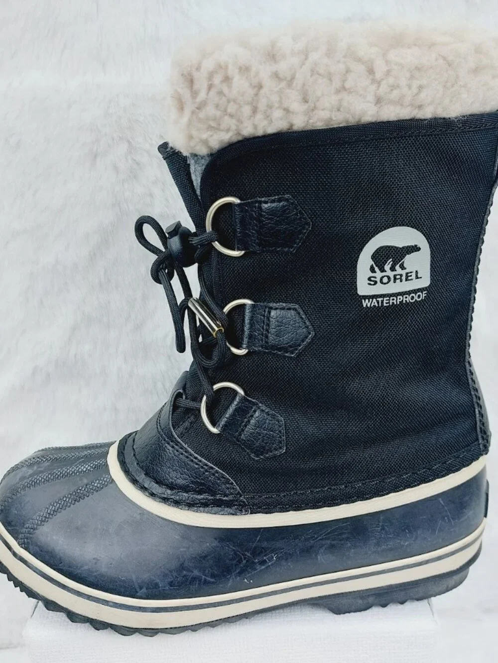 Sorel Girls Black Yoot Pac Nylon Waterproof Fur Trim Lace-Up Snow Boots Size 5